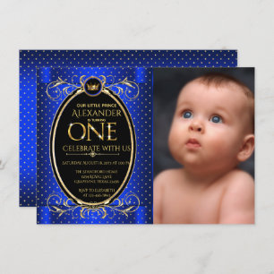 Invitation Royal Blue Gold Prince Photo Premier anniversaire