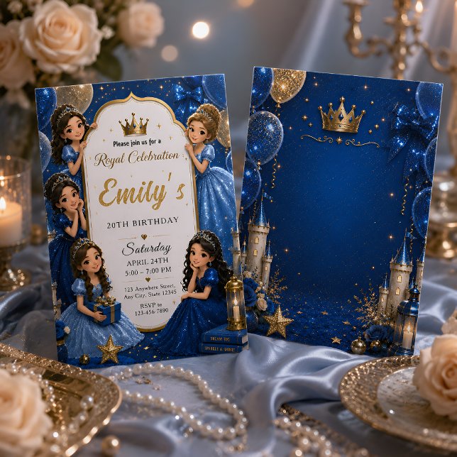 Invitation Royal Blue Gold Princess 20e Anniversaire (Créateur téléchargé)