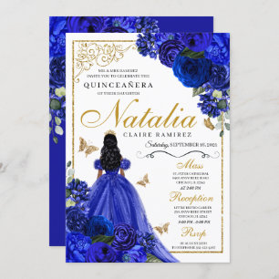 Invitation Royal Blue Gold Princess & Butterflies Quinceañera