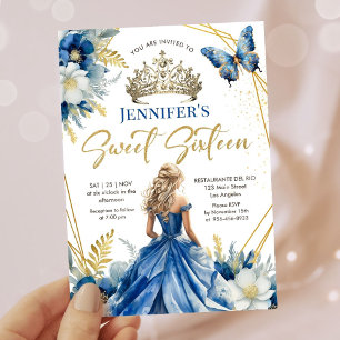 Invitation Royal Blue Gold Princess Tiara Floral Sweet 16