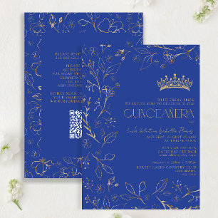 Invitation Royal Blue Gold QR Code Floral Quinceañera