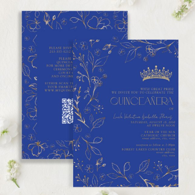 Invitation Royal Blue Gold QR Code Floral Quinceañera (Créateur téléchargé)