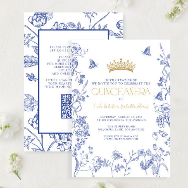 Invitation Royal Blue Gold QR Floral Butterfly Quinceañera (Créateur téléchargé)