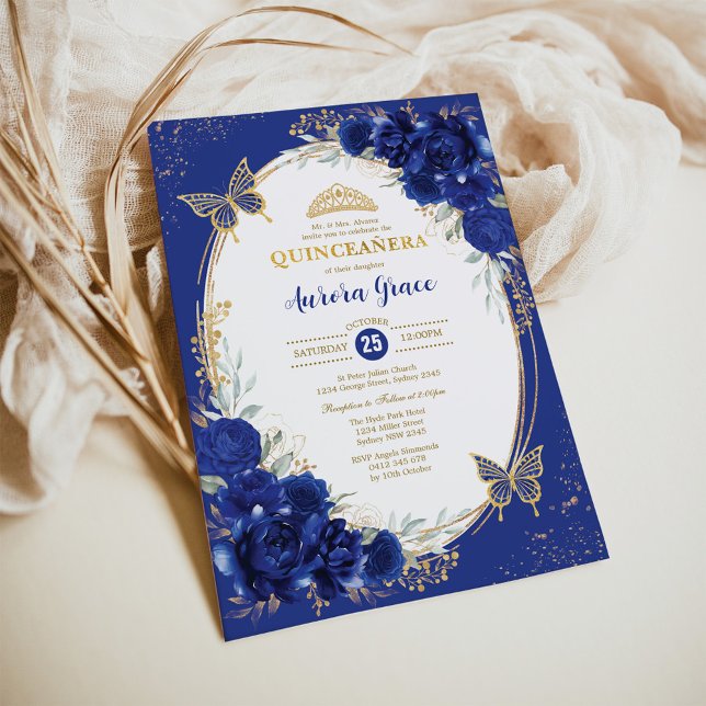 Invitation Royal Blue Gold Quinceañera Floral Butterfly Tiara (Créateur téléchargé)