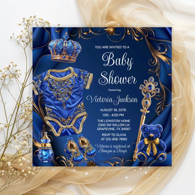 Invitation Royal Blue Gold Regal Prince Baby shower (Adorable baby prince things on an elegant royal blue and gold background. Fit for a Prince!)