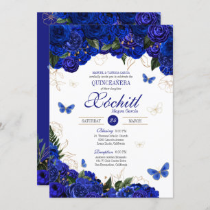 Invitation Royal Blue Gold Rose Butterfly Elegant Quinceanera