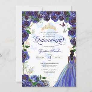 Invitation Royal Blue Gold Rose Élégant papillon Quinceanera