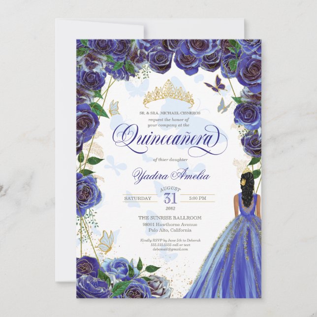 Invitation Royal Blue Gold Rose Élégant papillon Quinceanera (Devant)