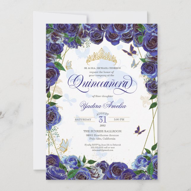 Invitation Royal Blue Gold Rose Élégant papillon Quinceanera (Devant)