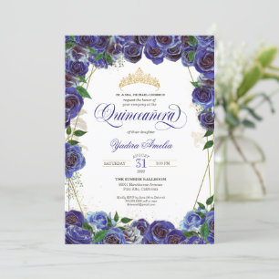 Invitation Royal Blue Gold Rose Elegant Quince Quinceanera