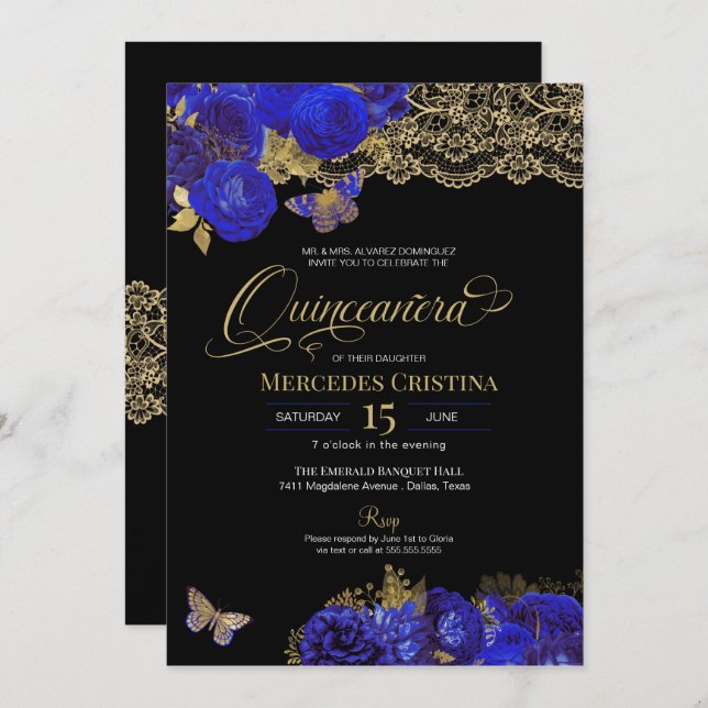 Invitation Royal Blue & Gold Roses dentelle papillon Quinceañ (Devant / Derrière)