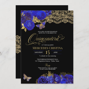 Invitation Royal Blue & Gold Roses dentelle papillon Quinceañ