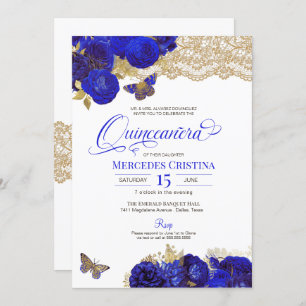 Invitation Royal Blue & Gold Roses dentelle papillon Quinceañ