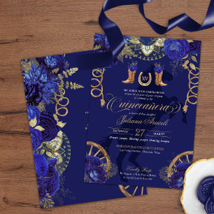 Invitation Royal Blue Gold Roses Élégant Charro Quinceanera