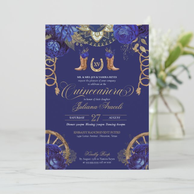 Invitation Royal Blue Gold Roses Pays Western Quinceanera (Debout devant)