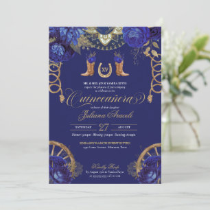 Invitation Royal Blue Gold Roses Pays Western Quinceanera