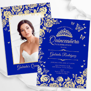 Invitation Royal Blue Gold Roses Quinceanera Photo