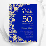 Invitation Royal Blue Gold Roses Surprise 50e anniversaire<br><div class="desc">Royal Blue Gold Floral Surprise 50e anniversaire de fête Invitation. Design élégant avec des roses,  fausse feuille d'or et police de script de typographie. Carte invitation tendance parfaite pour une célébration anniversaire élégante. Peut être customisé à n'importe quel âge. Invitations Zazzle imprimées ou téléchargement instantané modèle imprimable numérique.</div>