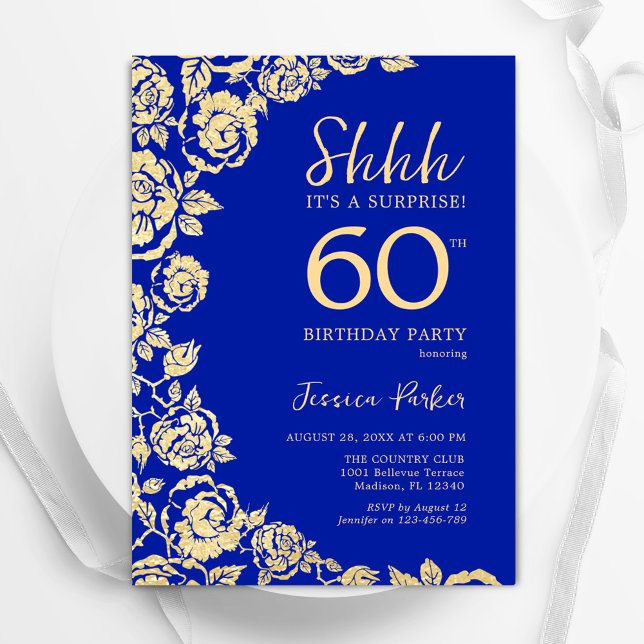 Invitation Royal Blue Gold Roses Surprise 60e anniversaire (Créateur téléchargé)
