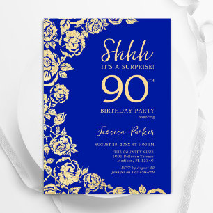 Invitation Royal Blue Gold Roses Surprise 90e anniversaire