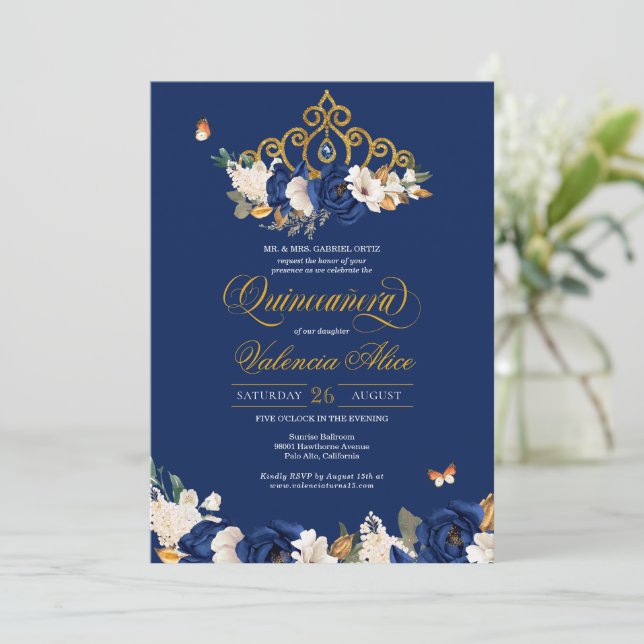 Invitation Royal Blue Gold Roses Tiara Butterfly Quinceañera (Debout devant)