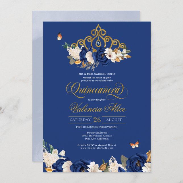 Invitation Royal Blue Gold Roses Tiara Butterfly Quinceañera (Devant / Derrière)