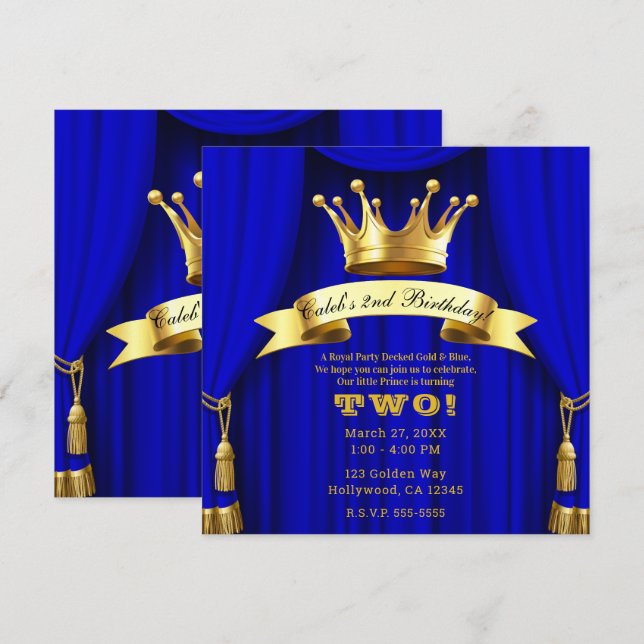 Invitation Royal Blue Gold Royal Couronne Prince fête d'anniv (Devant / Derrière)