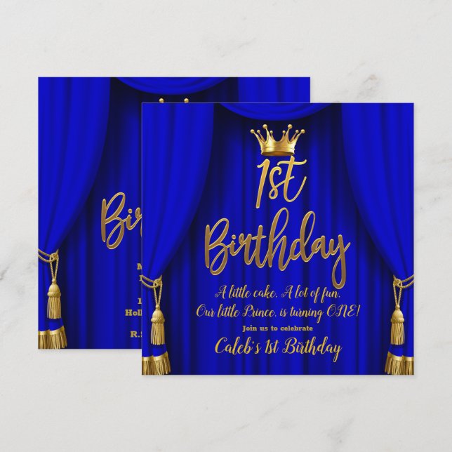 Invitation Royal Blue & Gold Royal Crown Prince 1er anniversa (Devant / Derrière)