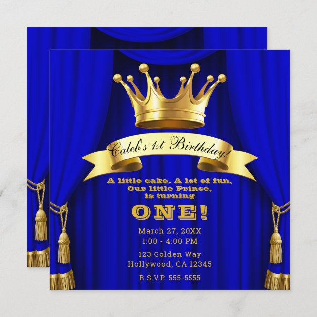 Invitation Royal Blue Gold Royal Crown Prince 1er anniversair (Devant / Derrière)