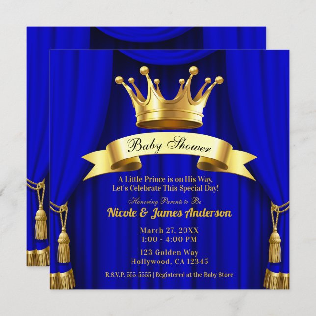 Invitation Royal Blue Gold Royal Crown Prince Baby shower (Devant / Derrière)