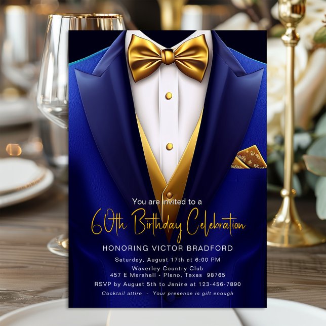 Invitation Royal Blue Gold Smoking Anniversaire Tout Âge  (Blue and gold any number birthday or event invitation with classy blue and gold tuxedo design.)