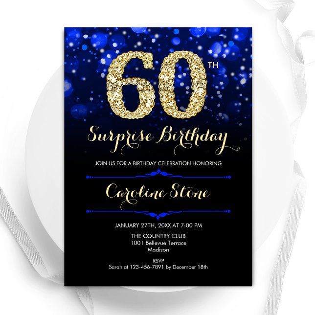 Invitation Royal Blue Gold Surprise 60e anniversaire (Créateur téléchargé)