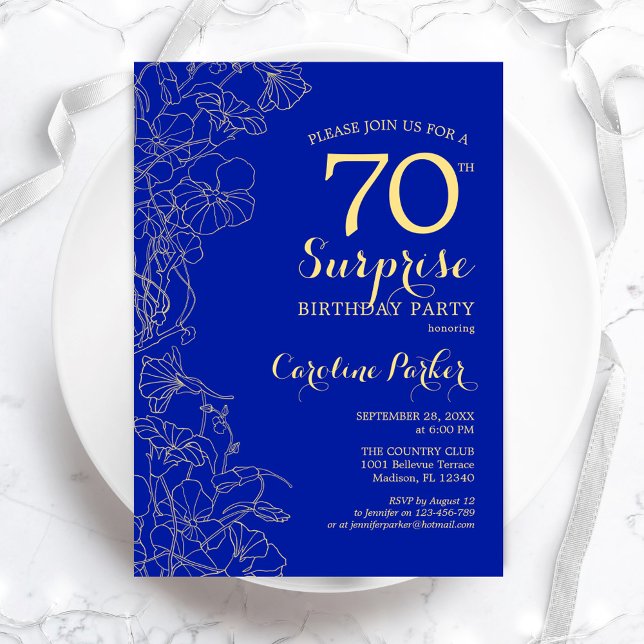 Invitation Royal Blue Gold Surprise 70e fête d'anniversaire (Créateur téléchargé)