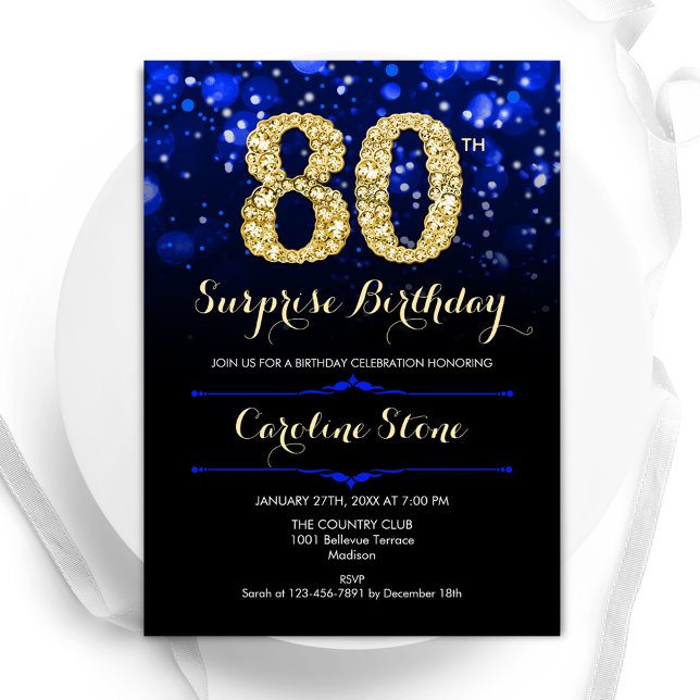 Invitation Royal Blue Gold Surprise 80e anniversaire (Créateur téléchargé)