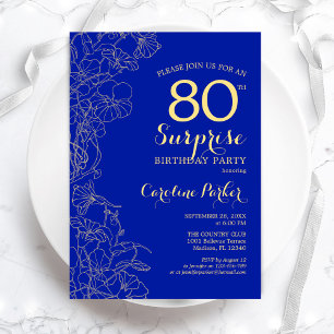 Invitation Royal Blue Gold Surprise 80e fête d'anniversaire