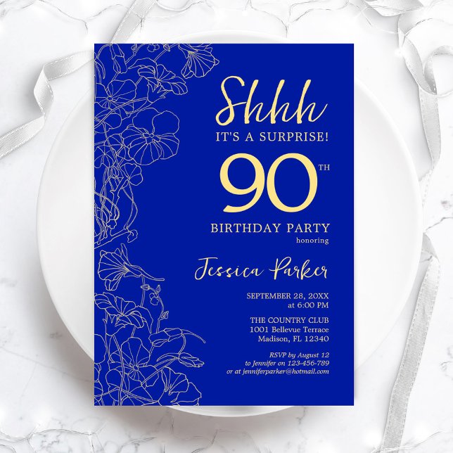 Invitation Royal Blue Gold Surprise 90e anniversaire (Créateur téléchargé)