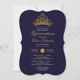 Invitation Royal Blue Gold Tiara Couronne élégante Quinceañer