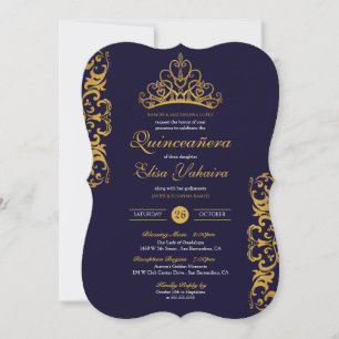 Invitation Royal Blue & Gold Tiara Crown Elegant Quinceañera