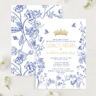 Invitation Royal Blue Gold Tiara Floral Butterfly Quinceañera