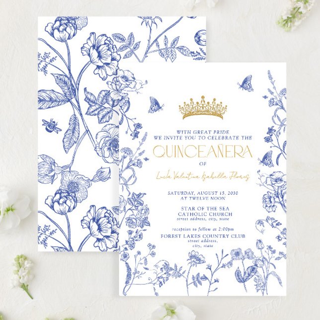 Invitation Royal Blue Gold Tiara Floral Butterfly Quinceañera (Créateur téléchargé)