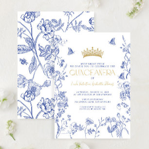 Invitation Royal Blue Gold Tiara Floral Butterfly Quinceañera