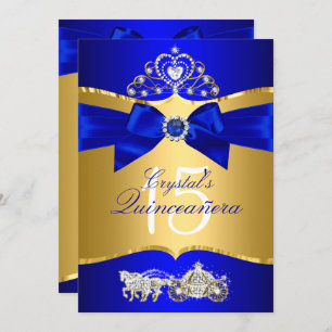 Invitation Royal Blue Gold Tiara Pearl Bow Quinceanera