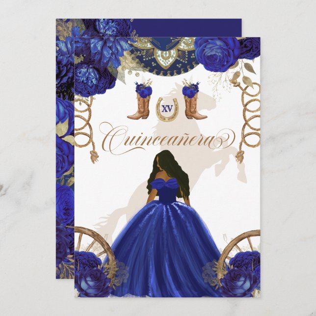 Invitation Royal Blue Gold Western Charro Quinceanera 2 faces (Devant / Derrière)