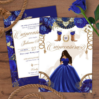 Invitation Royal Blue Gold Western Charro Quinceanera 2 faces