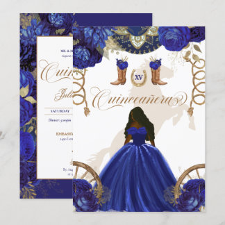Invitation Royal Blue Gold Western Charro Quinceanera 2 faces