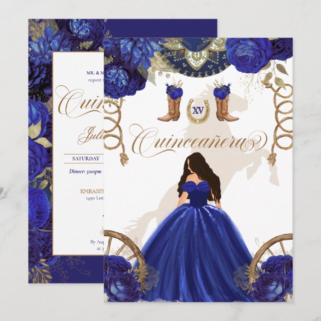 Invitation Royal Blue Gold Western Charro Quinceanera 2 faces (Devant / Derrière)