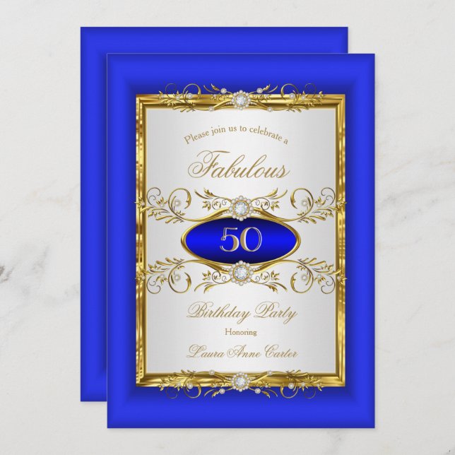 Invitation Royal Blue Gold White Diamond fête d'anniversaire (Devant / Derrière)