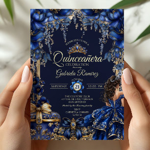 Invitation Royal Blue Golden Tiara Floral Quinceañera