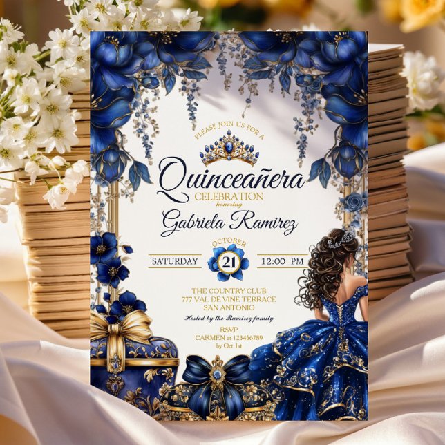 Invitation Royal Blue Golden Tiara Floral  Quinceañera (Créateur téléchargé)