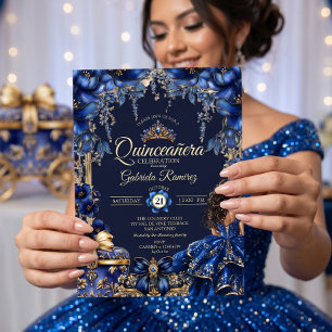 Invitation Royal Blue Golden Tiara Floral Quinceañera